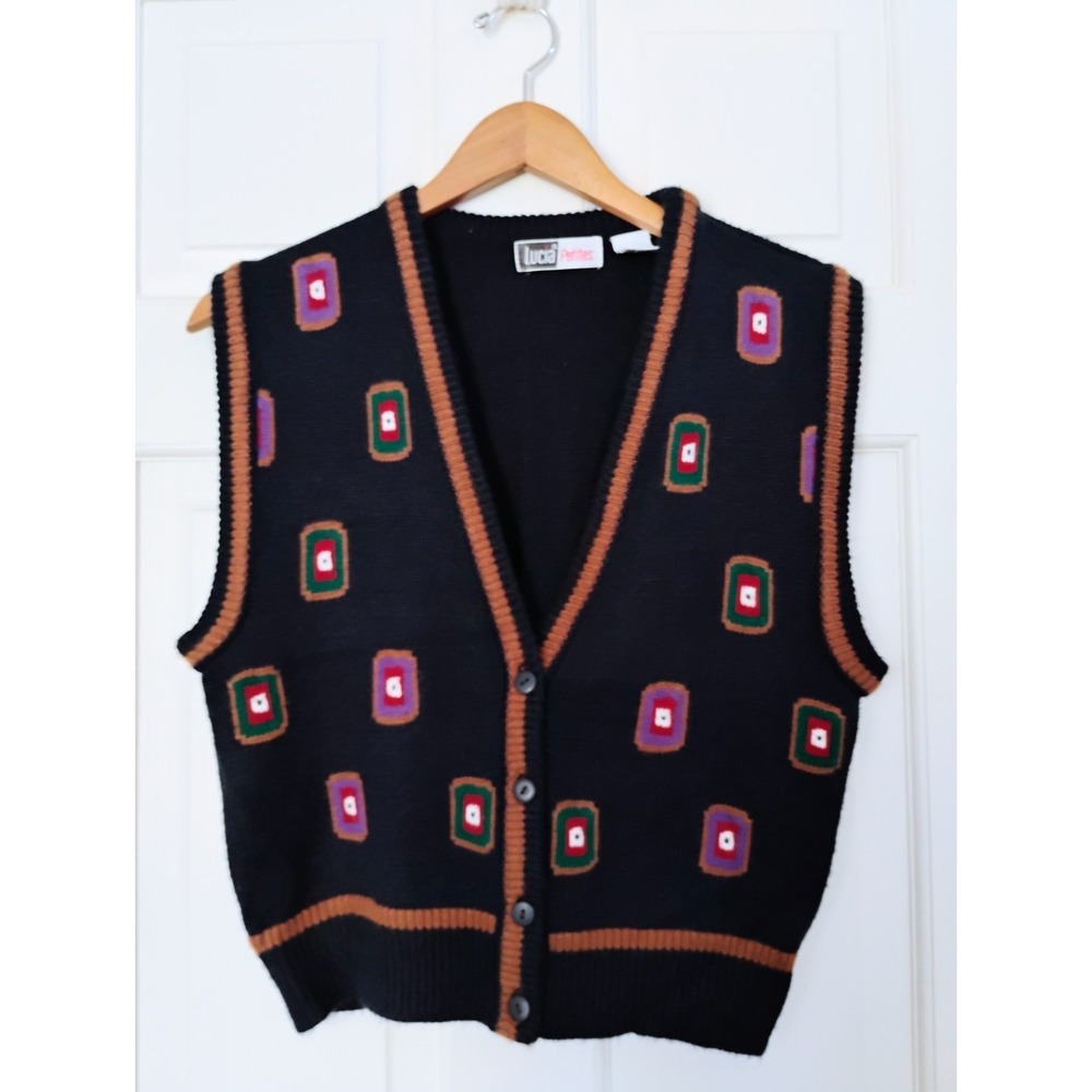 Lucia Petites Vintage 90s Knit Sweater Vest Blue Geometric Button Front Medium